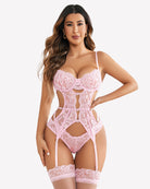 Pink lace cutout corset lingerie with heart accents and garter straps
