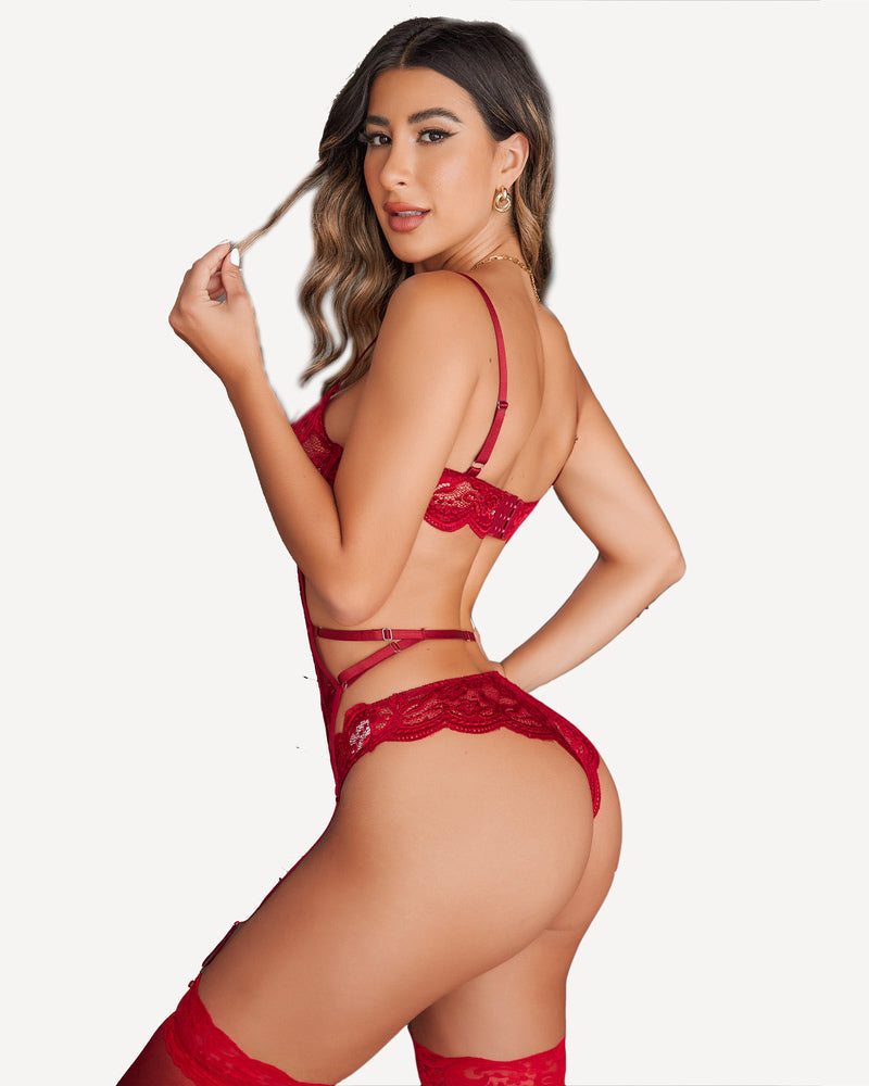 Red lace balconette corset with cutouts, garter straps, and heart accents.