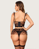Black lace back view bra and panty set with garter straps and tulle skirt panel