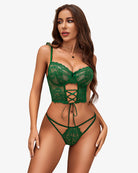 Green lace bra and panty lingerie set with strappy center, plus matching mesh mini skirt