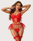 Red lace lingerie set with tulle mini skirt, garter straps, and thong