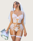 White lace underwire bra and panty set with garter straps, bow tie detail, and veil