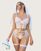3-piece bra and panty set with mesh mini skirt, white lace underwire with tulle overlay
