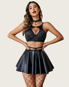 Black PU leather skirt set with choker: halter bra and flared pleated mini skirt