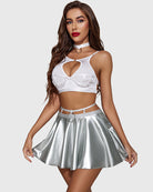 Silver PU leather skirt set with choker: halter bra with ring hardware and flared mini skirt