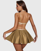 Gold PU leather skirt set with choker, back view: halter bra straps and flared mini skirt
