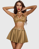 Gold PU leather skirt set with choker: cutout halter bra and flared mini skirt