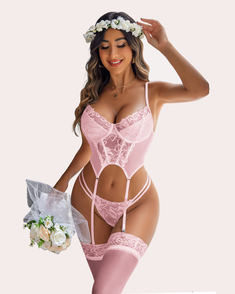 Pink lace underwire push-up corset bodysuit with garter straps and thigh-high stockings