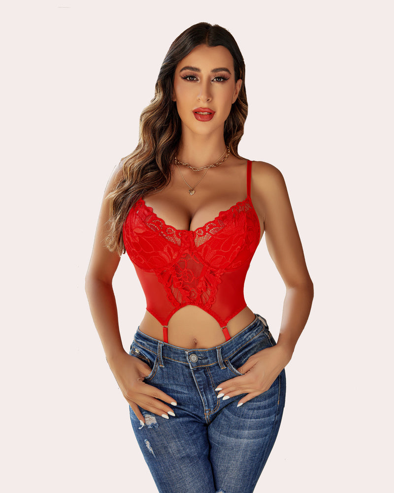 Red lace underwire push-up corset bodysuit with garter straps and matching panties
