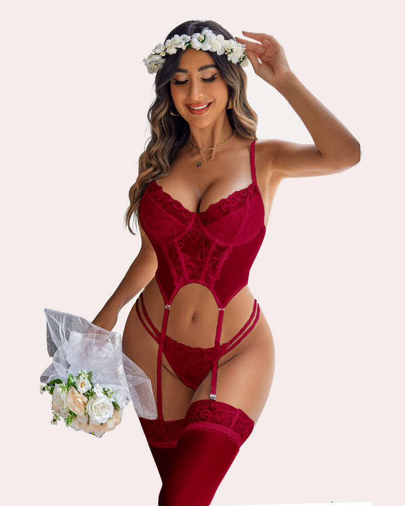 Wine red lace underwire push-up corset bodysuit with garter straps and thigh-high stockings