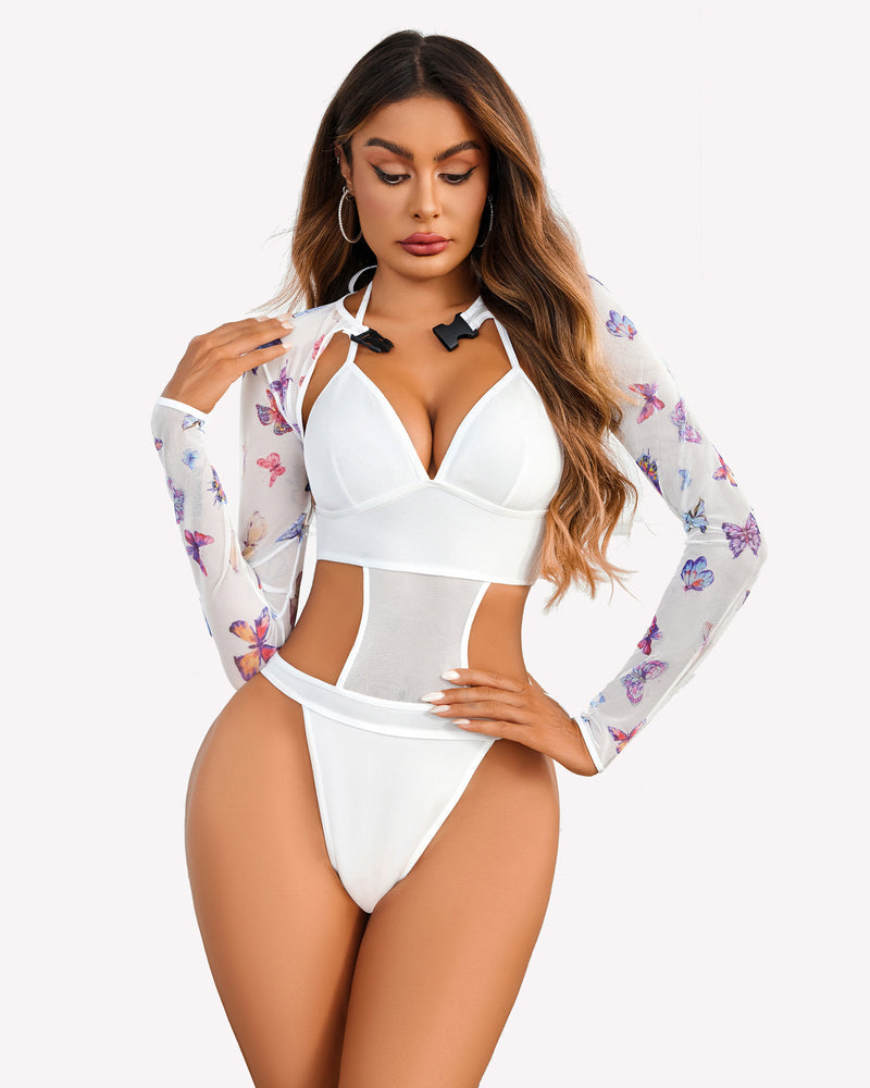 White butterfly rave set: mesh long-sleeve crop top with bra bodysuit and thong
