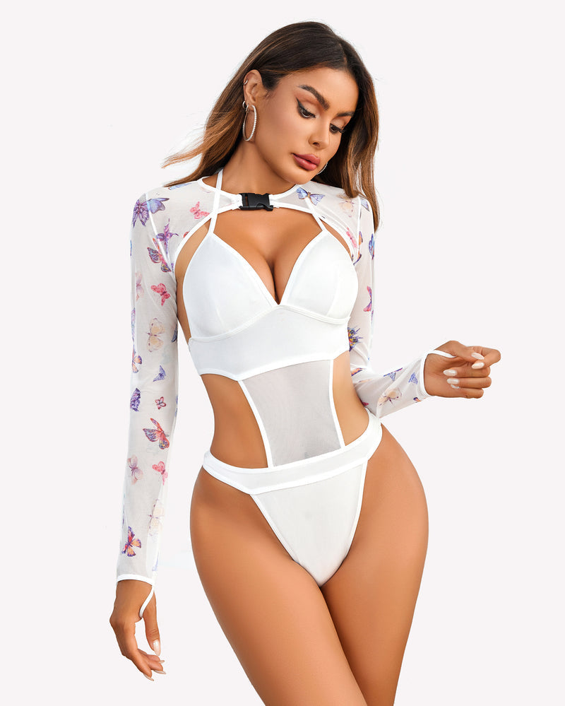 White shrug bodysuit set with floral mesh sleeves and V neckline