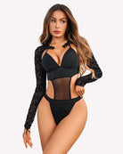 Black leopard mesh rave bodysuit set with halter bra crop top and high-cut bottoms