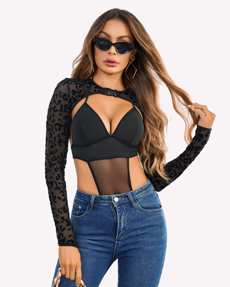 Black leopard mesh rave set with halter bra crop top and high-cut thong