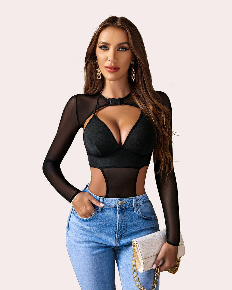 Black mesh long-sleeve crop bodysuit set with plunge cups and sheer sleeves