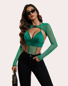 Green buckle crop bodysuit with plunging bra top and high-cut bottoms