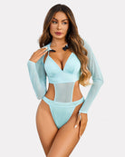 Light blue sheer long-sleeve bodysuit set with plunging bra and high-leg bottoms