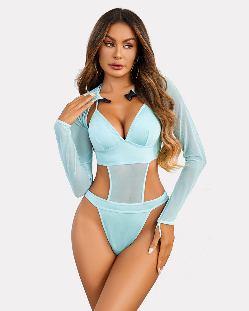 Light blue sheer long-sleeve bodysuit set with plunging bra and high-leg bottoms