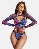 Multicolor mesh long-sleeve bodysuit set with cutout bra top and high-leg bottom
