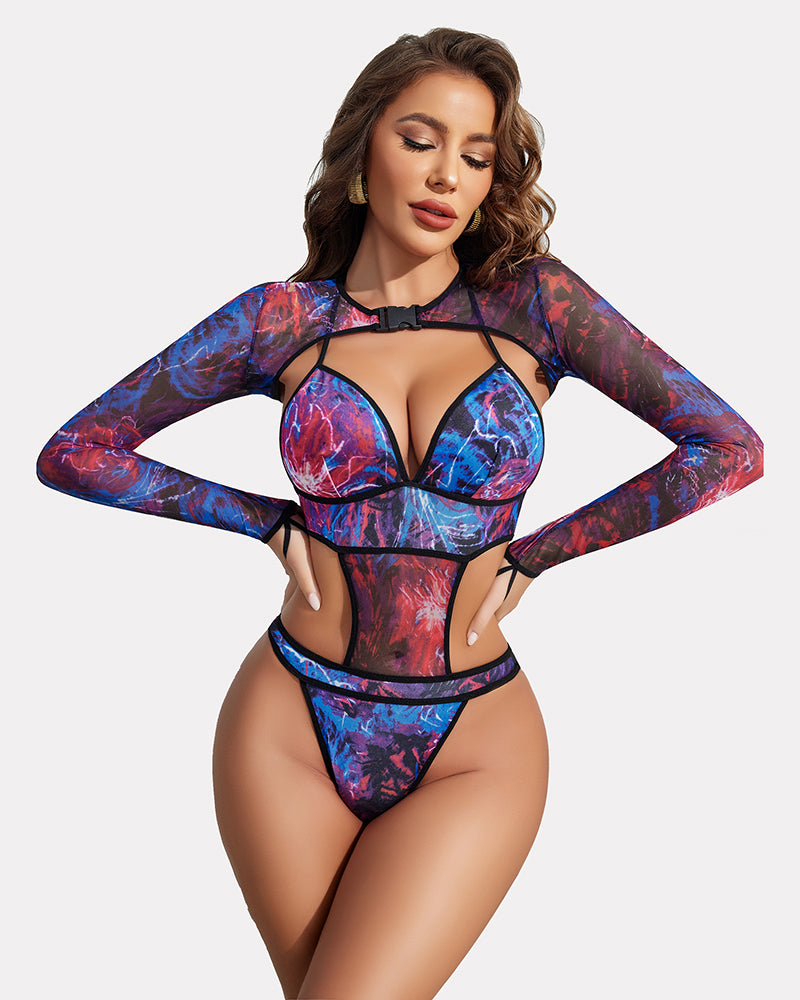 Multicolor mesh long-sleeve bodysuit set with cutout bra top and high-leg bottom