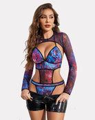 Multicolor mesh long-sleeve bra and thong-style bodysuit set with midriff cutout