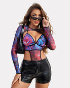 Multicolor mesh long-sleeve bra top with high-leg bodysuit and strappy cutouts