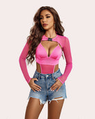 Pink buckle shrug bodysuit set with plunging bra top and long sleeves