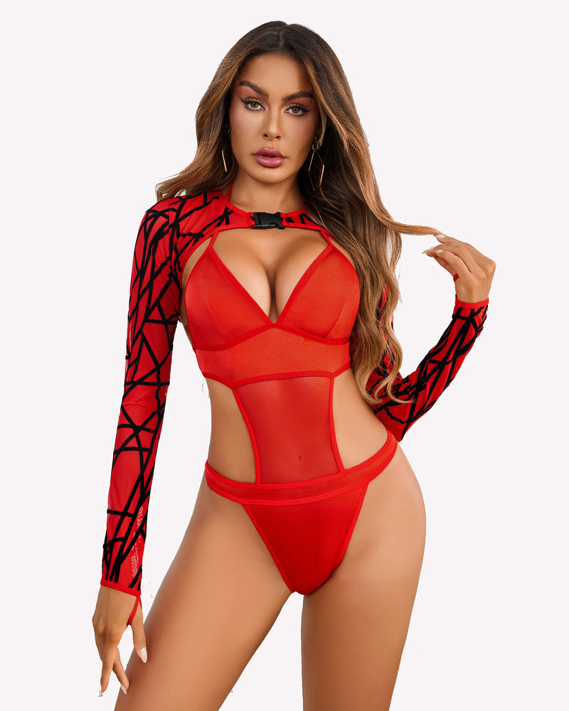 Red mesh shrug crop top and matching bodysuit, geometric black print