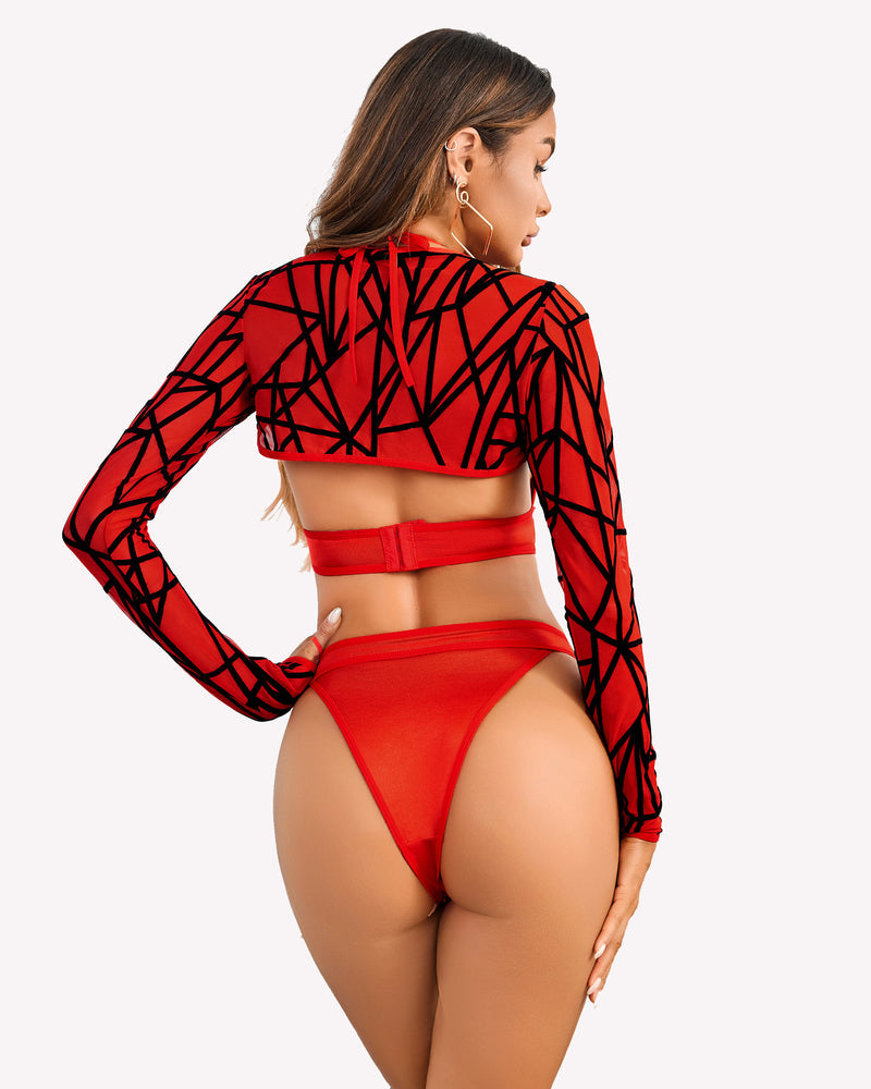 Red geometric mesh shrug crop top and matching bodysuit, back view