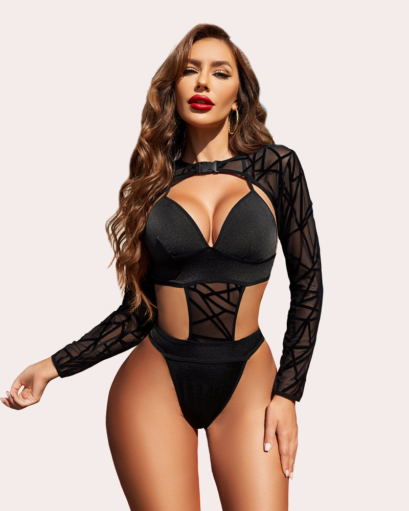 Black mesh long-sleeve rave bodysuit set with cutout midriff and underwire cups