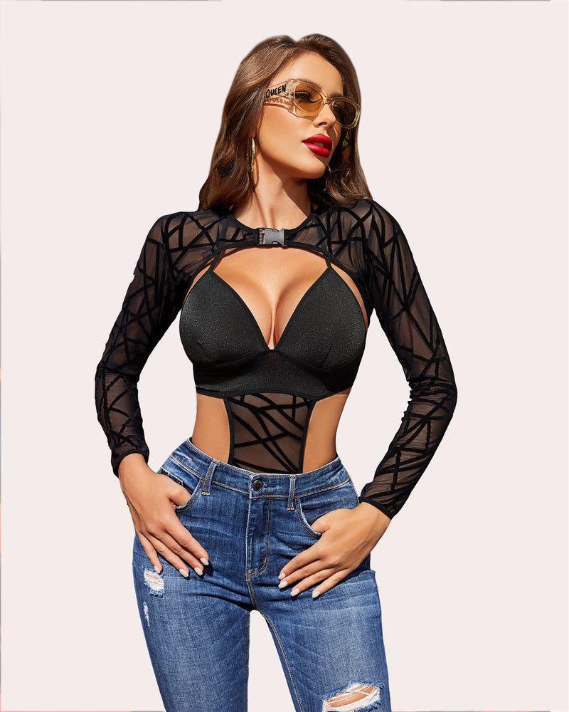 Black mesh long-sleeve crop bodysuit set with plunge bra cups and cutout waist