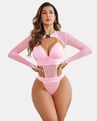 Pink mesh shrug crop top and matching bodysuit, front cutout and V-neck