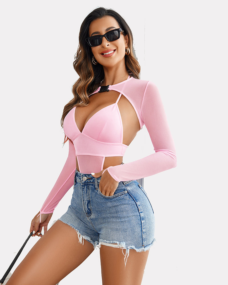 Pink mesh shrug crop top and matching bodysuit with long sleeves