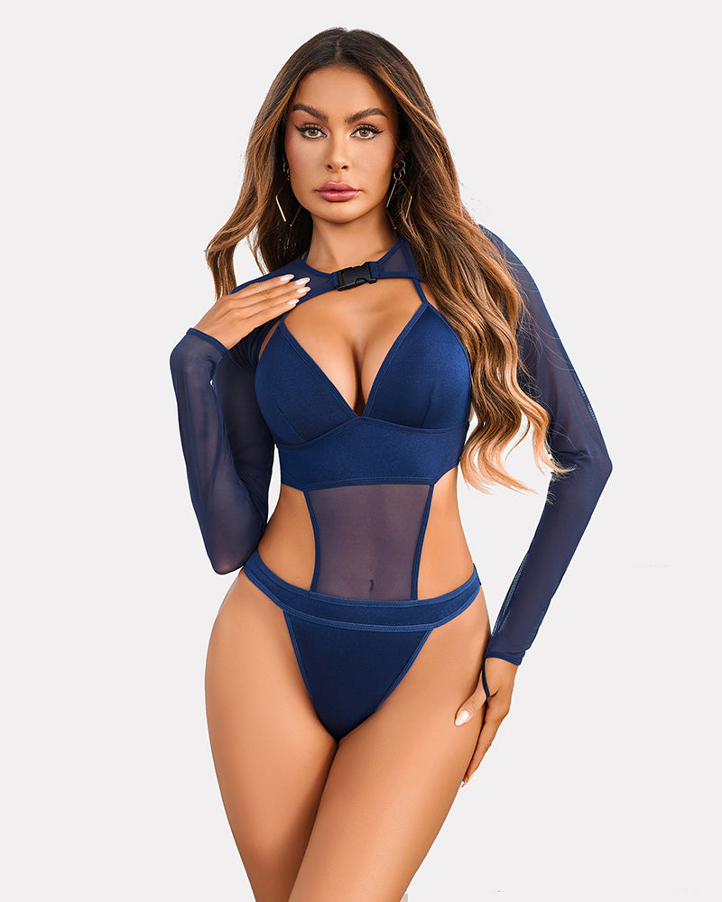 Navy mesh shrug crop top and matching bodysuit, long sleeves and V-neck