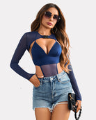 Navy mesh shrug crop top and matching bodysuit, long sleeves and chest cutout