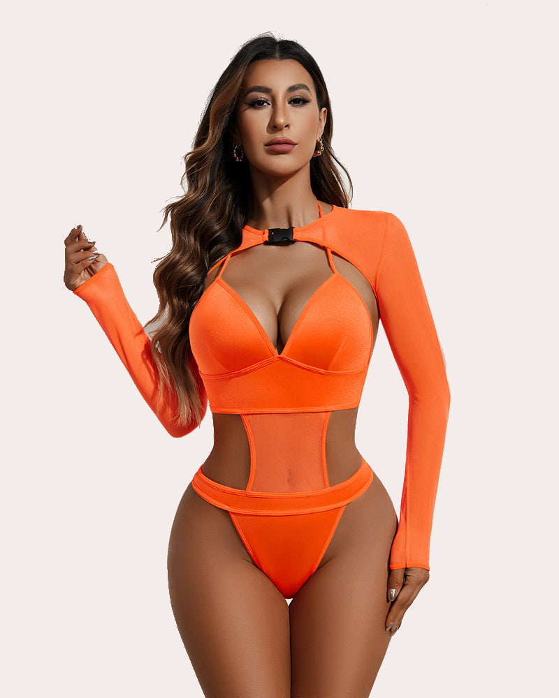 Orange sheer long-sleeve bodysuit set with plunging bra and high-leg briefs