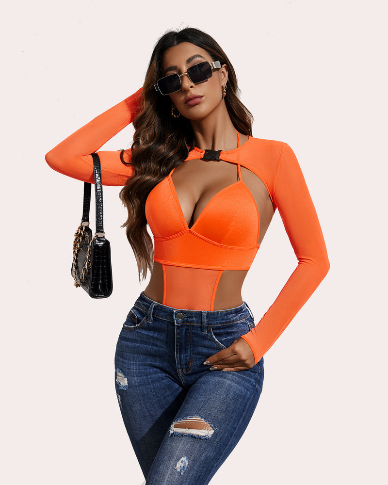 Orange sheer long-sleeve bodysuit set with plunging bra and cutout waist