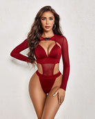 Red buckle shrug bodysuit set with long sheer sleeves and high-cut bottoms