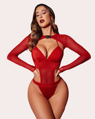 Red buckle shrug bodysuit set with sheer sleeves, underbust cutout, and V bra top