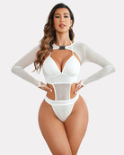 White buckle shrug bodysuit crop top set with cutout neckline and long sleeves
