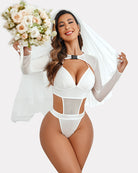 White mesh shrug crop top and matching bodysuit, front V-neck with long sleeves