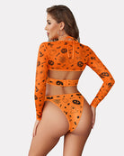 Orange Halloween print long-sleeve crop top and high-rise bikini bodysuit set