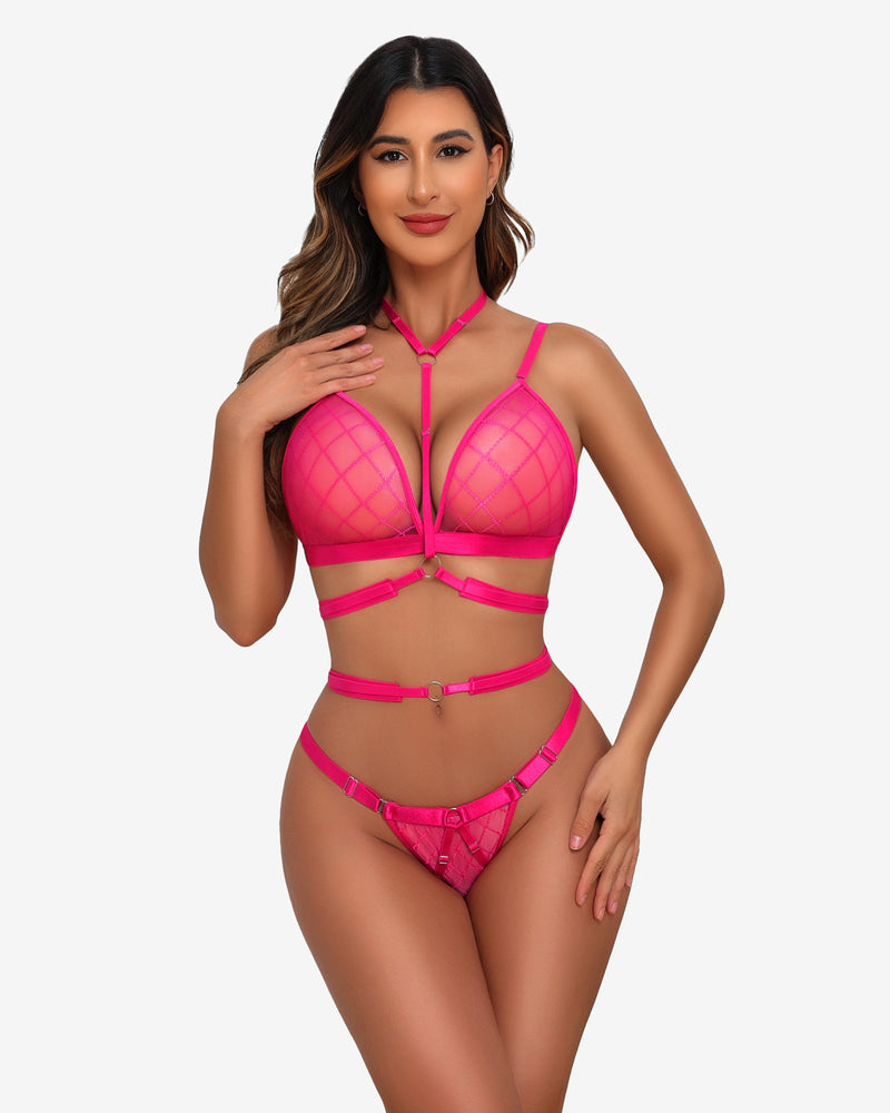 Pink fishnet sheer bra and panty set with geometric grid cups and straps