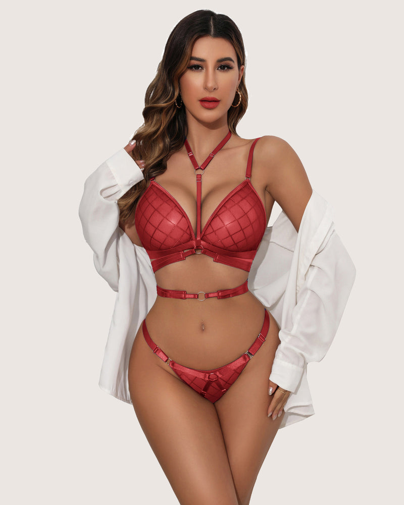 Wine red fishnet sheer bra and panty set with geometric grid and buckle straps