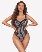 Leopard-print lace bodysuit with black mesh sides and V-front