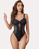 Black lace bodysuit with underwire cups and center crisscross detail