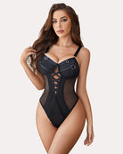 Black lace bodysuit with underwire cups and crisscross front cutouts