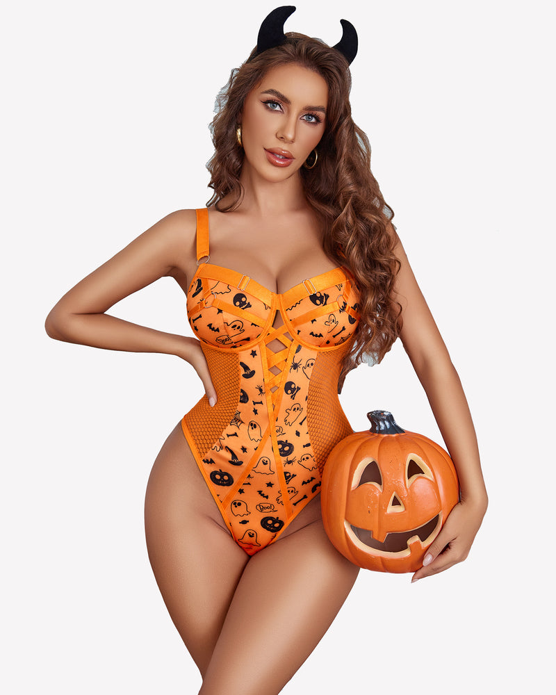 Orange lace bodysuit with black cat print and underwire cups, holding a pumpkin