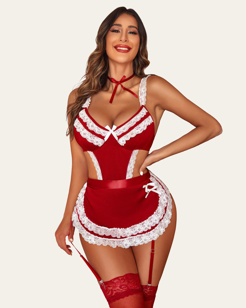 Red lace maid outfit with white lace trim, ribbon neck bow, and garter stockings