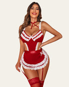 Red lace maid outfit with white lace trim, ribbon neck bow, and garter stockings